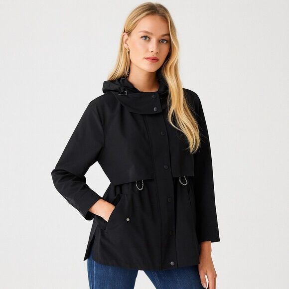 J Crew Rain Jacket XXL Tall Perfect Black Hooded Water Resistant Travel - Picture 1 of 16